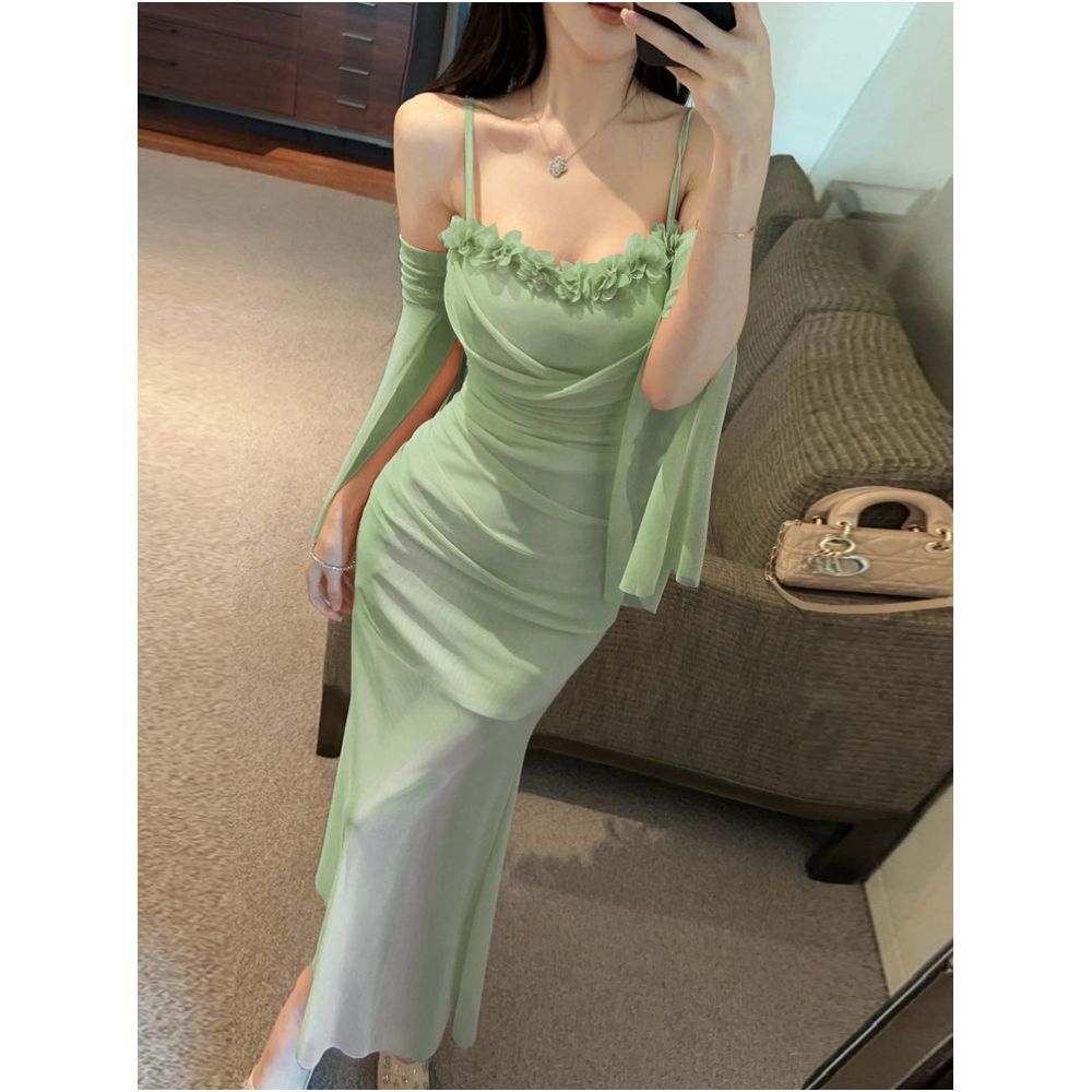Gentle style sweet and sexy mesh suspender dress with chest cushion pure desire high waist slim fit slimming medium length strapless skirt image 3