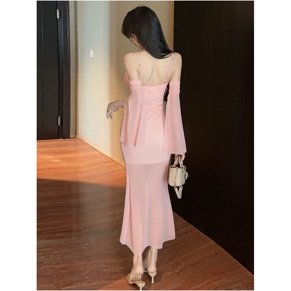 Gentle style sweet and sexy mesh suspender dress with chest cushion pure desire high waist slim fit slimming medium length strapless skirt image 4