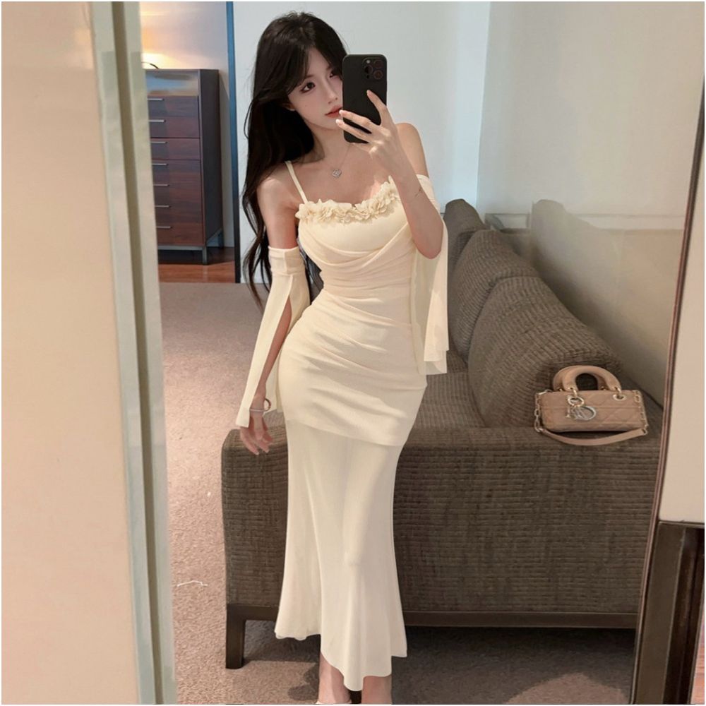 Gentle style sweet and sexy mesh suspender dress with chest cushion pure desire high waist slim fit slimming medium length strapless skirt