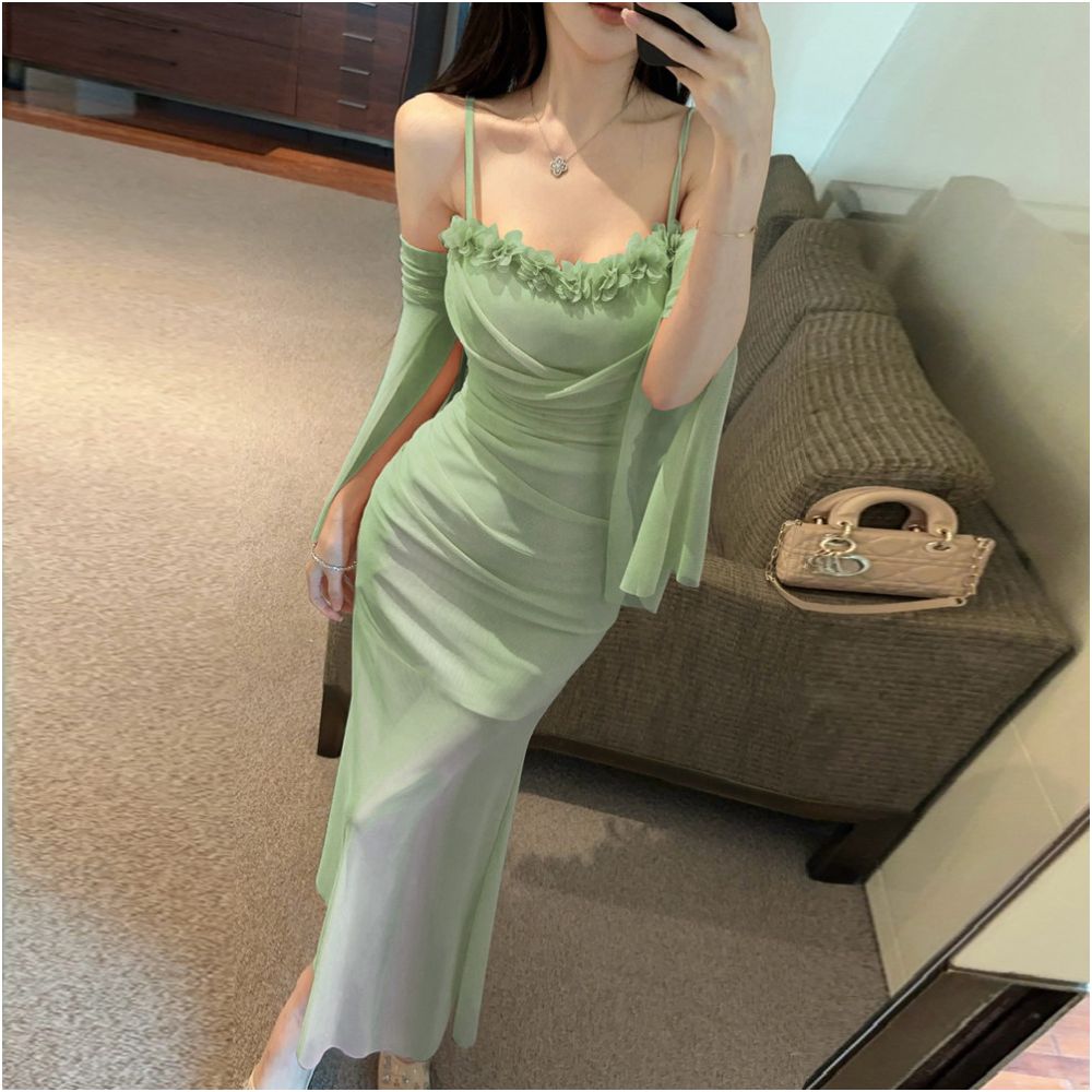Gentle style sweet and sexy mesh suspender dress with chest cushion pure desire high waist slim fit slimming medium length strapless skirt
