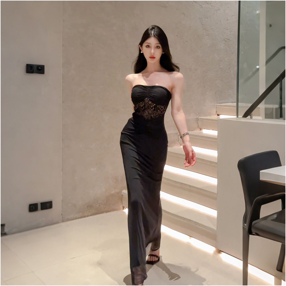 Lin Buwan s sexy lace patchwork strapless dress for women s summer hot girls fishtail skirt with wrapped buttocks skirt