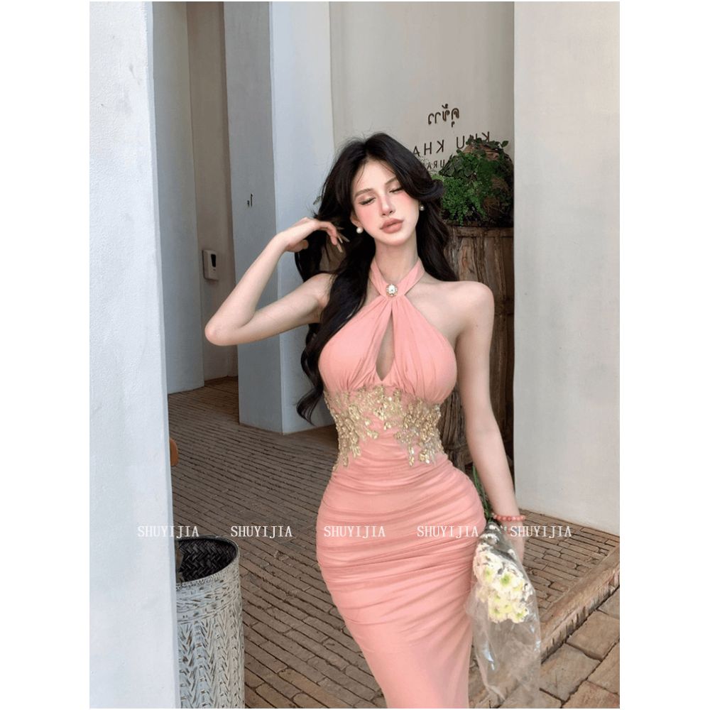 SYJ Shuyi Home Fat MM High end Temperament Pink Hanging Neck Dress Pure Desire Sexy Show Thin Bag Hip Long Dress image 1