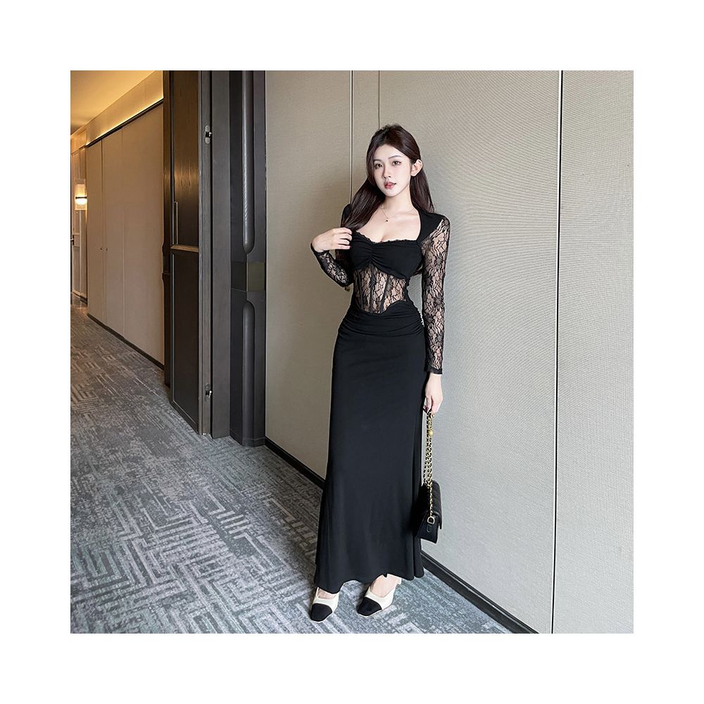 GirlsAt18 sexy black lace long sleeved dress women s French style dress long skirt slim fit fishtail skirt image 2