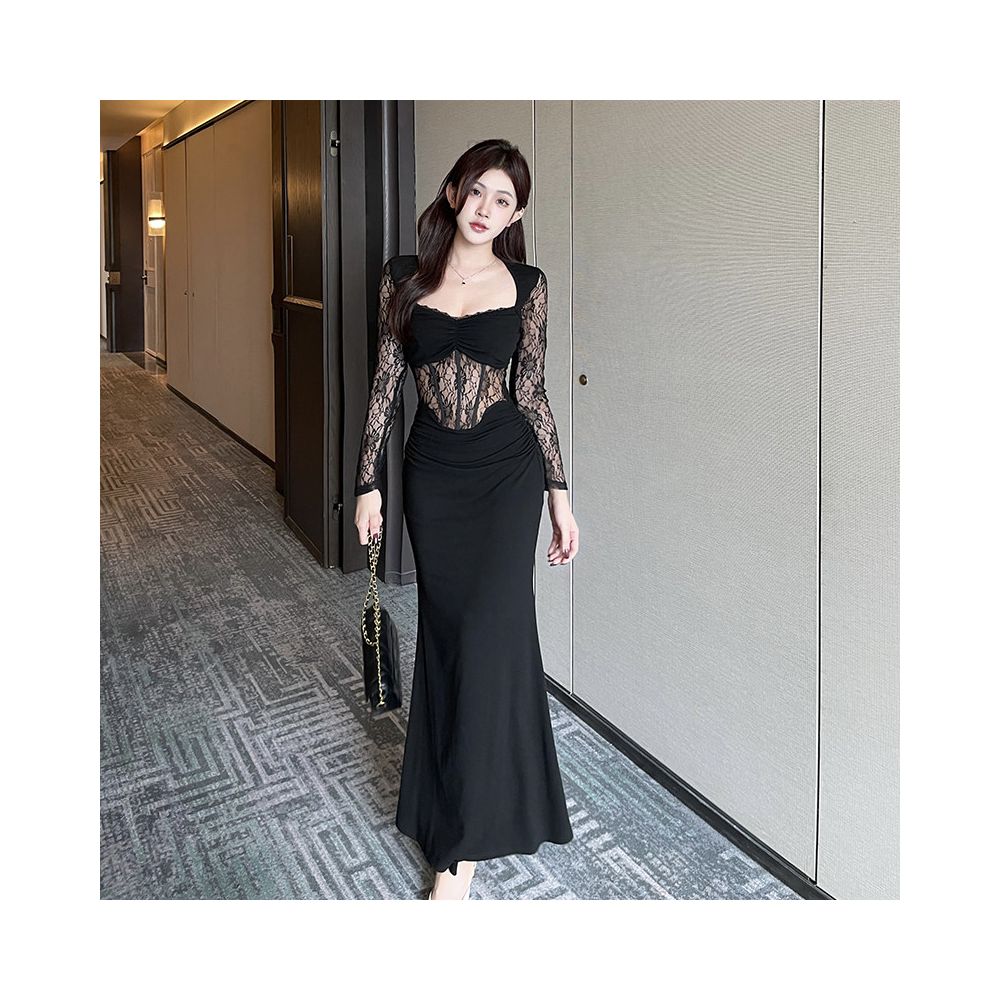GirlsAt18 sexy black lace long sleeved dress women s French style dress long skirt slim fit fishtail skirt image 0