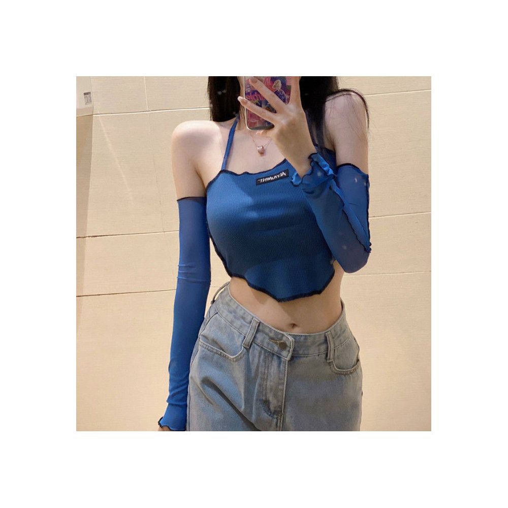 KLIOU American Retro Neck Hanging Strap Short Off Shoulder T shirt with Heart Machine Design and Sleeve Top for Women Autumn