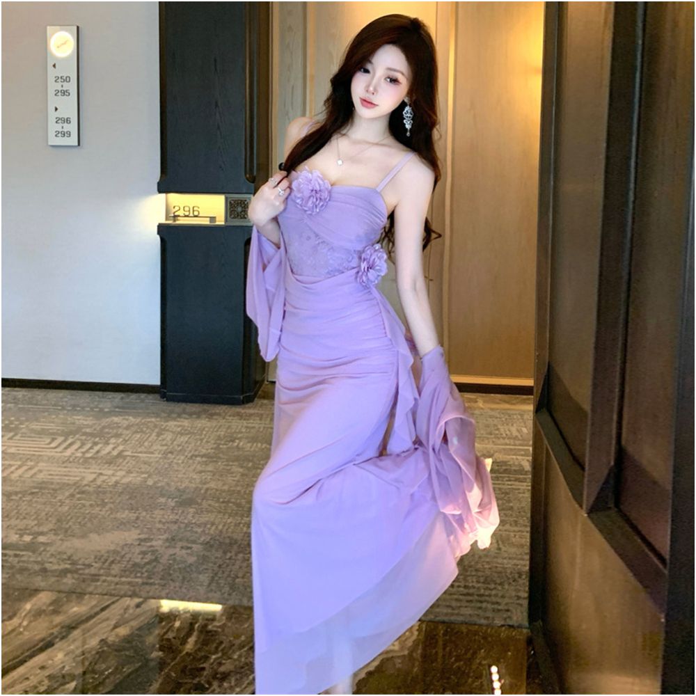 Romantic and sexy three dimensional flower mesh pure desire style slim fit pleated mesh long suspender dress cardigan set image 3