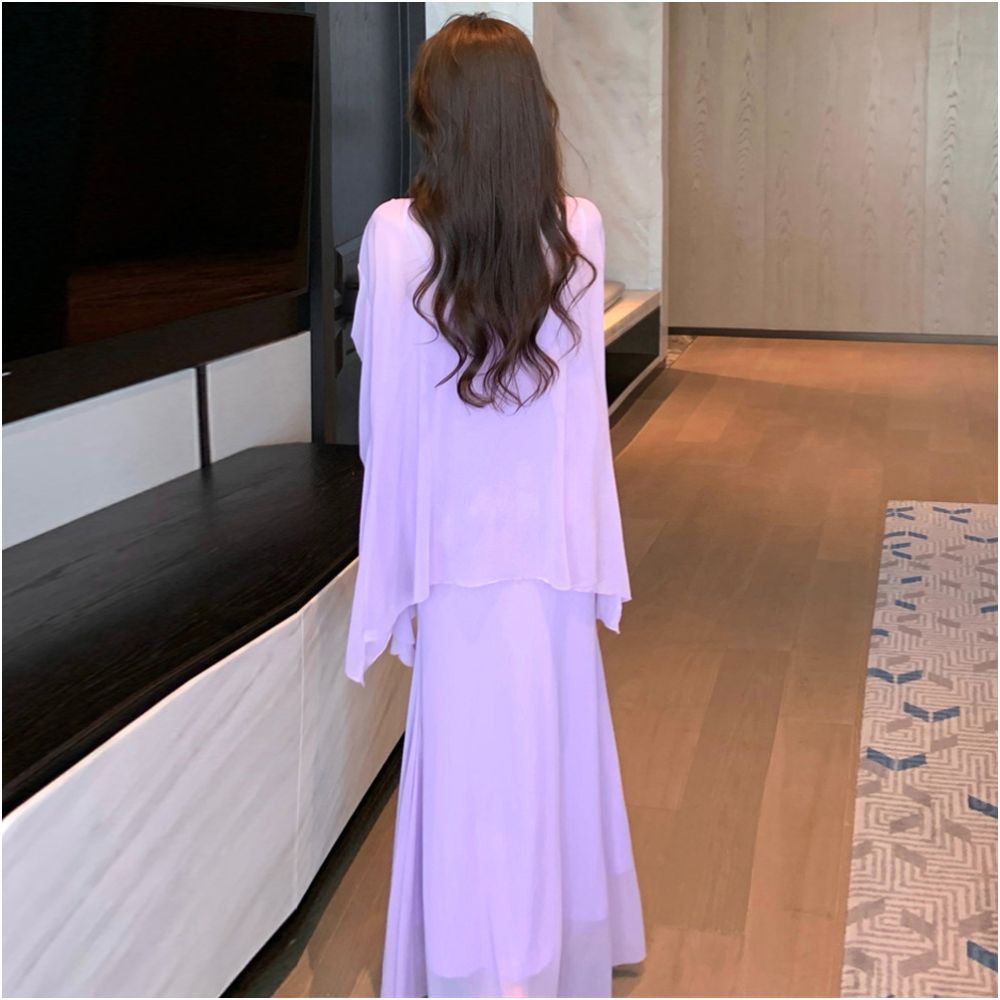 Romantic and sexy three dimensional flower mesh pure desire style slim fit pleated mesh long suspender dress cardigan set image 4