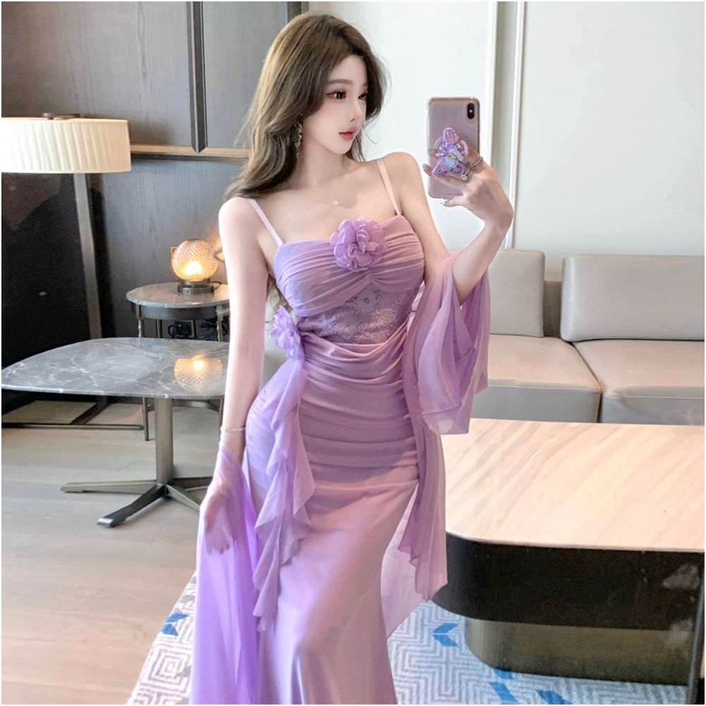 Romantic and sexy three dimensional flower mesh pure desire style slim fit pleated mesh long suspender dress cardigan set image 0
