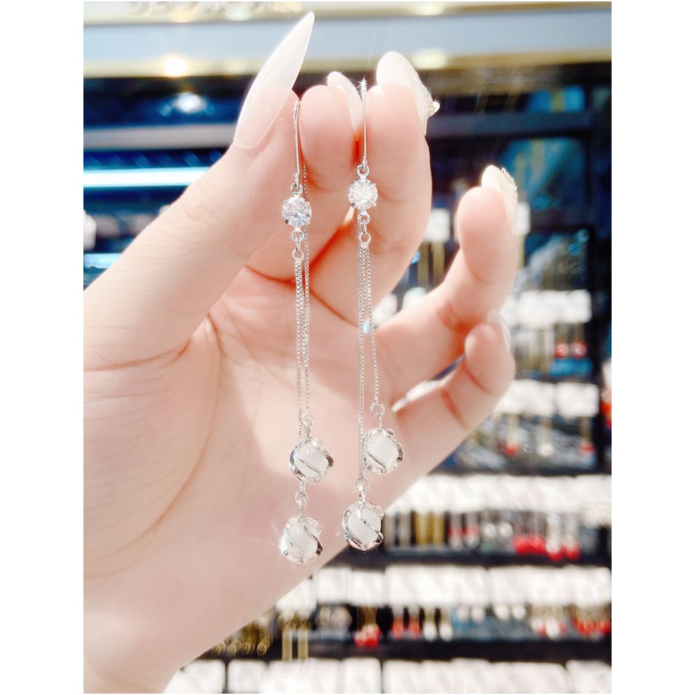 S925 pure silver earrings for women 2021 new fashionable long style cat eye stone tassel ear line super fairy temperament anti loss earrings