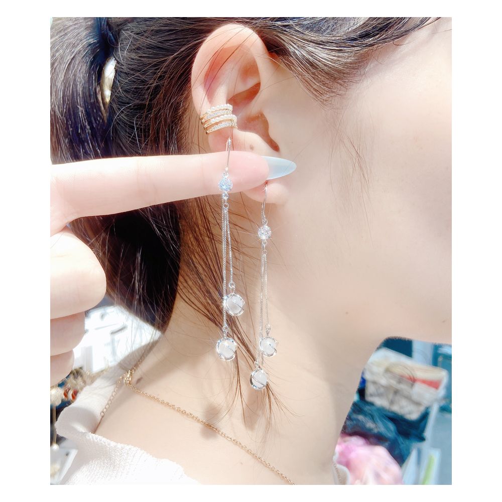 S925 pure silver earrings for women 2021 new fashionable long style cat eye stone tassel ear line super fairy temperament anti loss earrings image 1