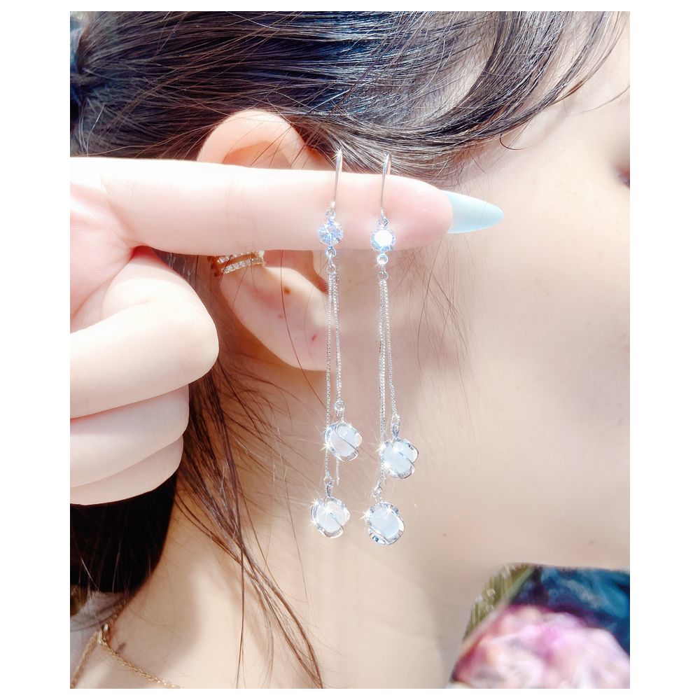 S925 pure silver earrings for women 2021 new fashionable long style cat eye stone tassel ear line super fairy temperament anti loss earrings image 3