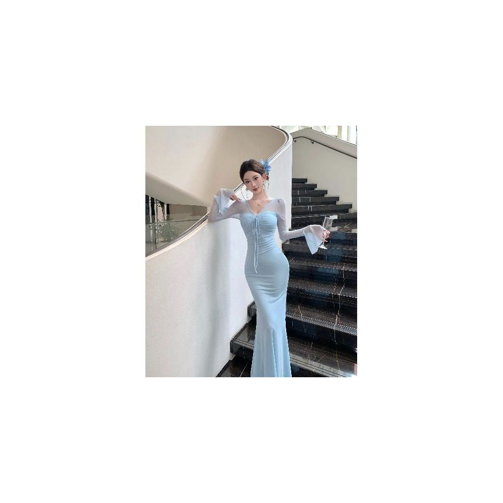French V neck blue flared sleeve mesh dress for women exuding a sense of luxury and elegance Tailored hip hugging fishtail skirt long skirt