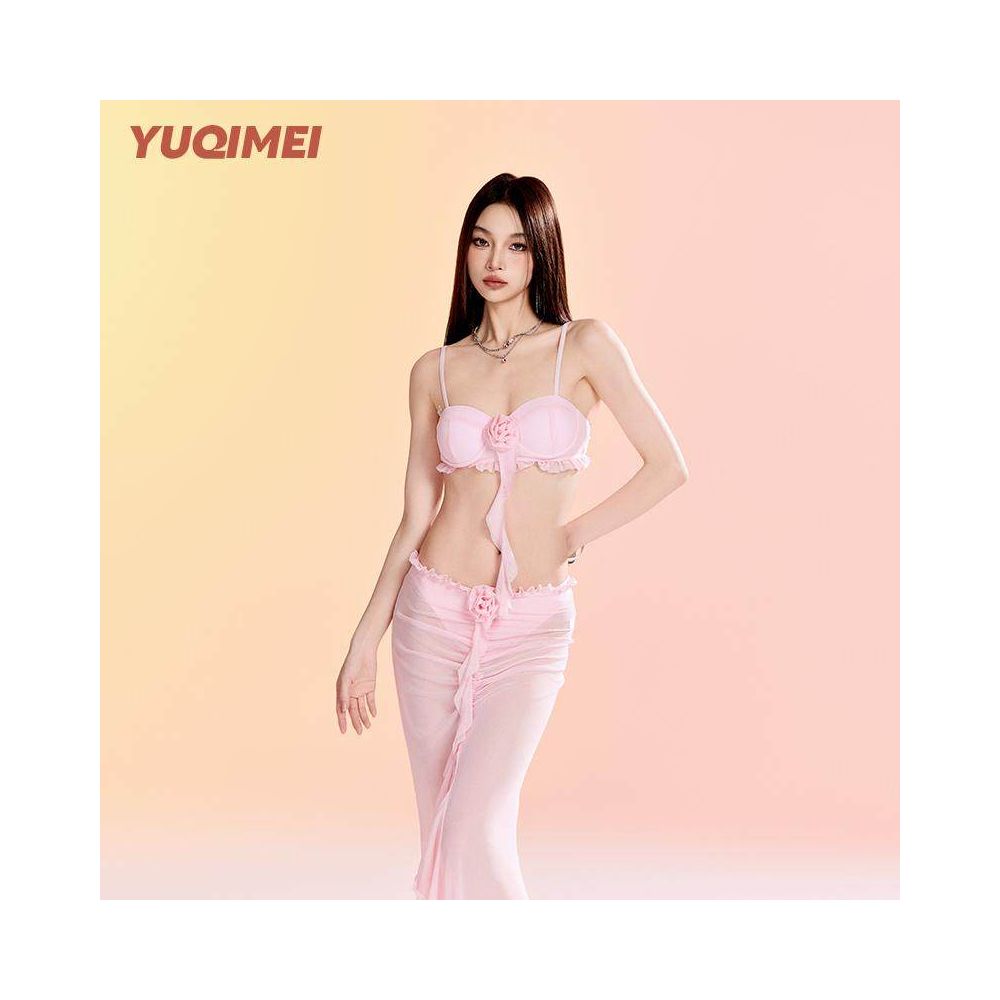 Yuqimei 2025 new bikini pink small chest gathered sexy two piece long skirt vacation hot spring swimsuit for women image 1
