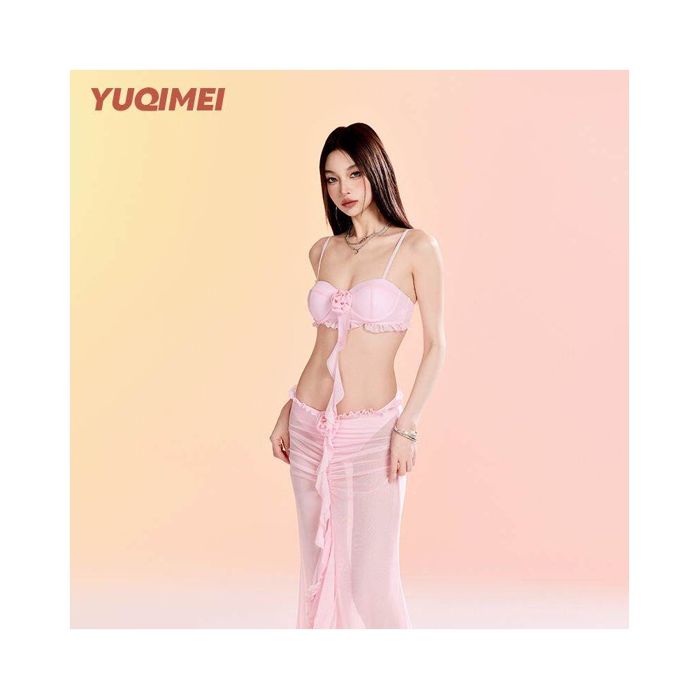 Yuqimei 2025 new bikini pink small chest gathered sexy two piece long skirt vacation hot spring swimsuit for women image 3