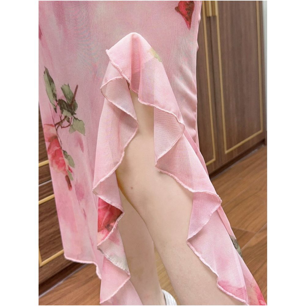 French sexy mesh printed camisole dress for women high end and charming unique and beautiful waist cinching mid length skirt image 3