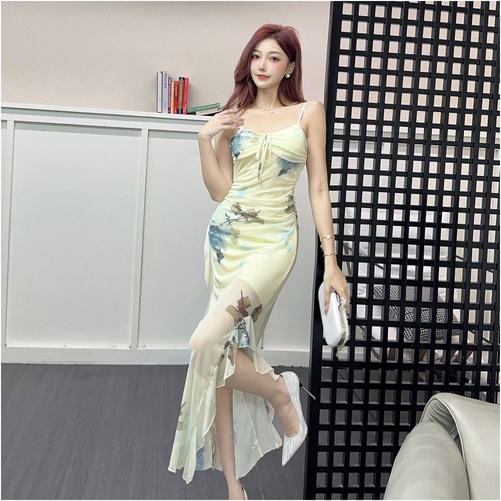 French sexy mesh printed camisole dress for women high end and charming unique and beautiful waist cinching mid length skirt