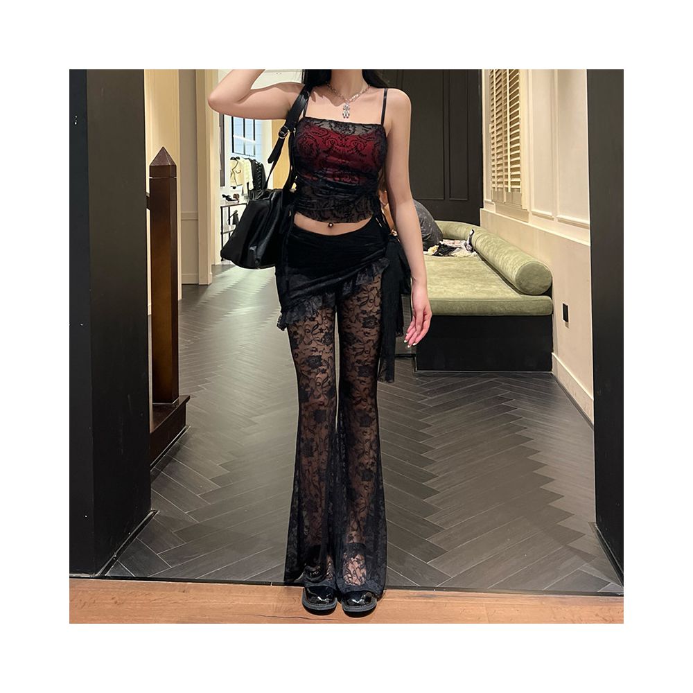 Subcultural wheels dance outfit black queen sexy suit women s lace camisole spicy girl slim fit bell bottom pants image 1