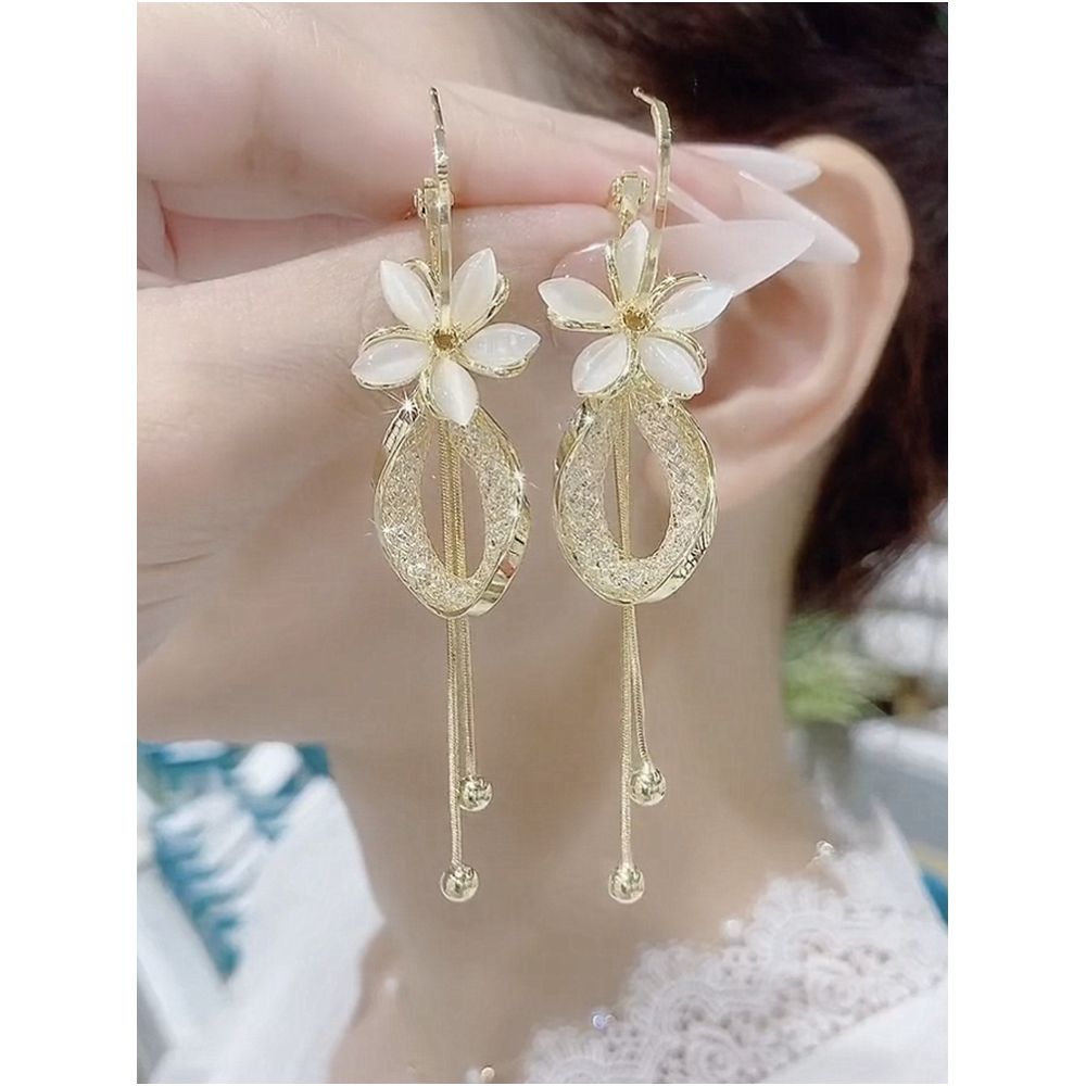 New trendy cat eye stone petal earrings with two straps high end feel pure silver needle temperament fashionable long and versatile earrings image 0