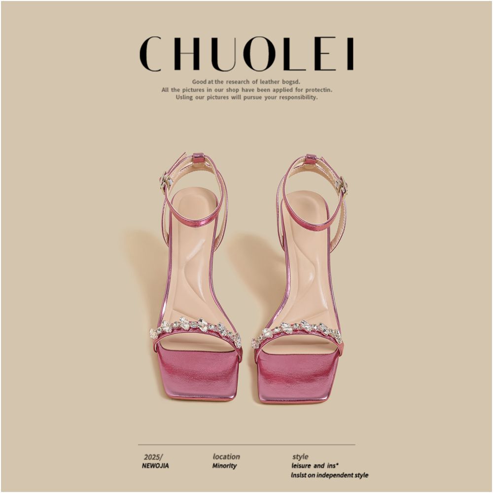 2025 Summer New Fine Heels Women s French Pink Square Head Water Diamond Sexy Outerwear One Line Open toed Sandals image 1