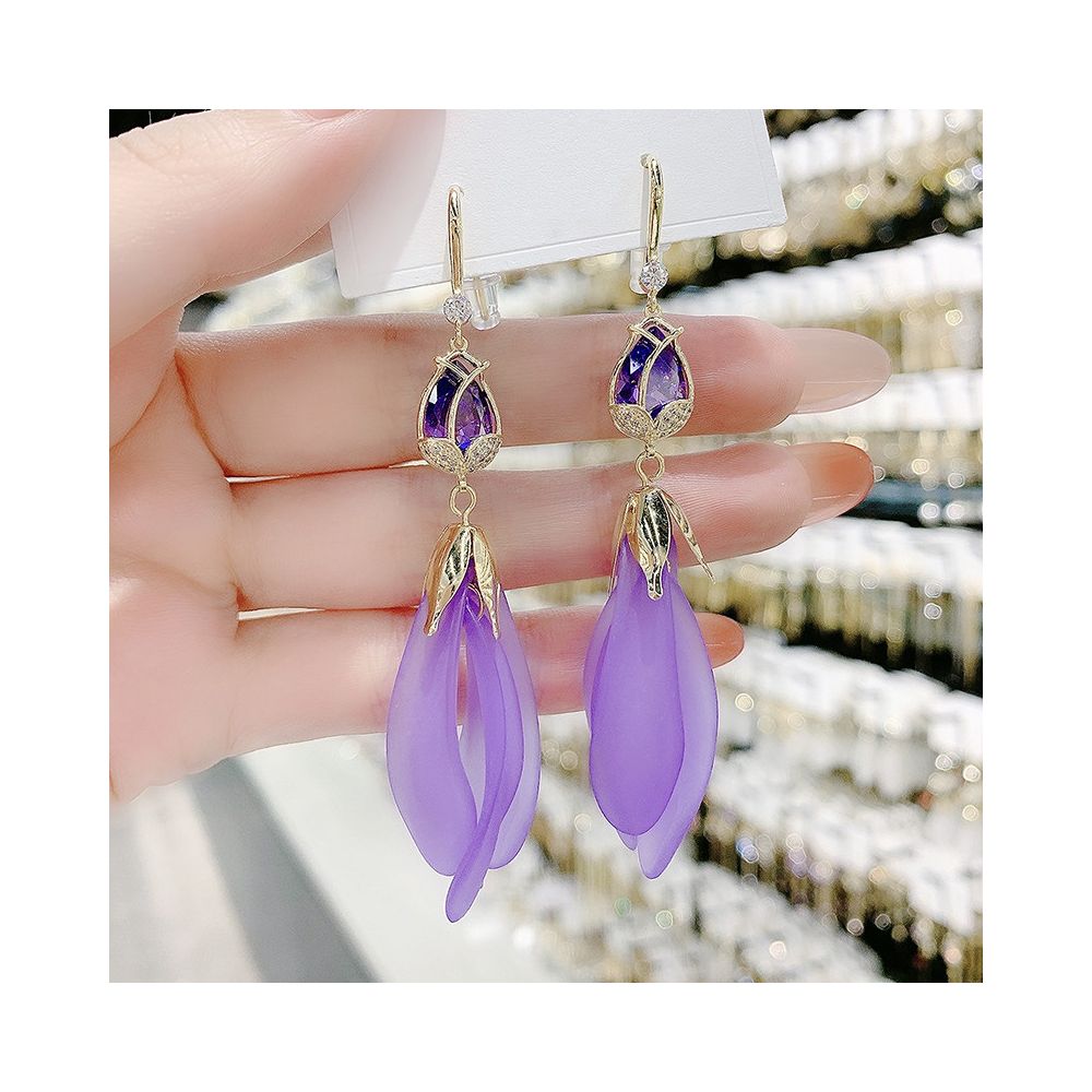 Purple tulip earrings Korean temperament long version super fairy petal tassel earrings internet famous high end earrings ear hooks earrings image 4