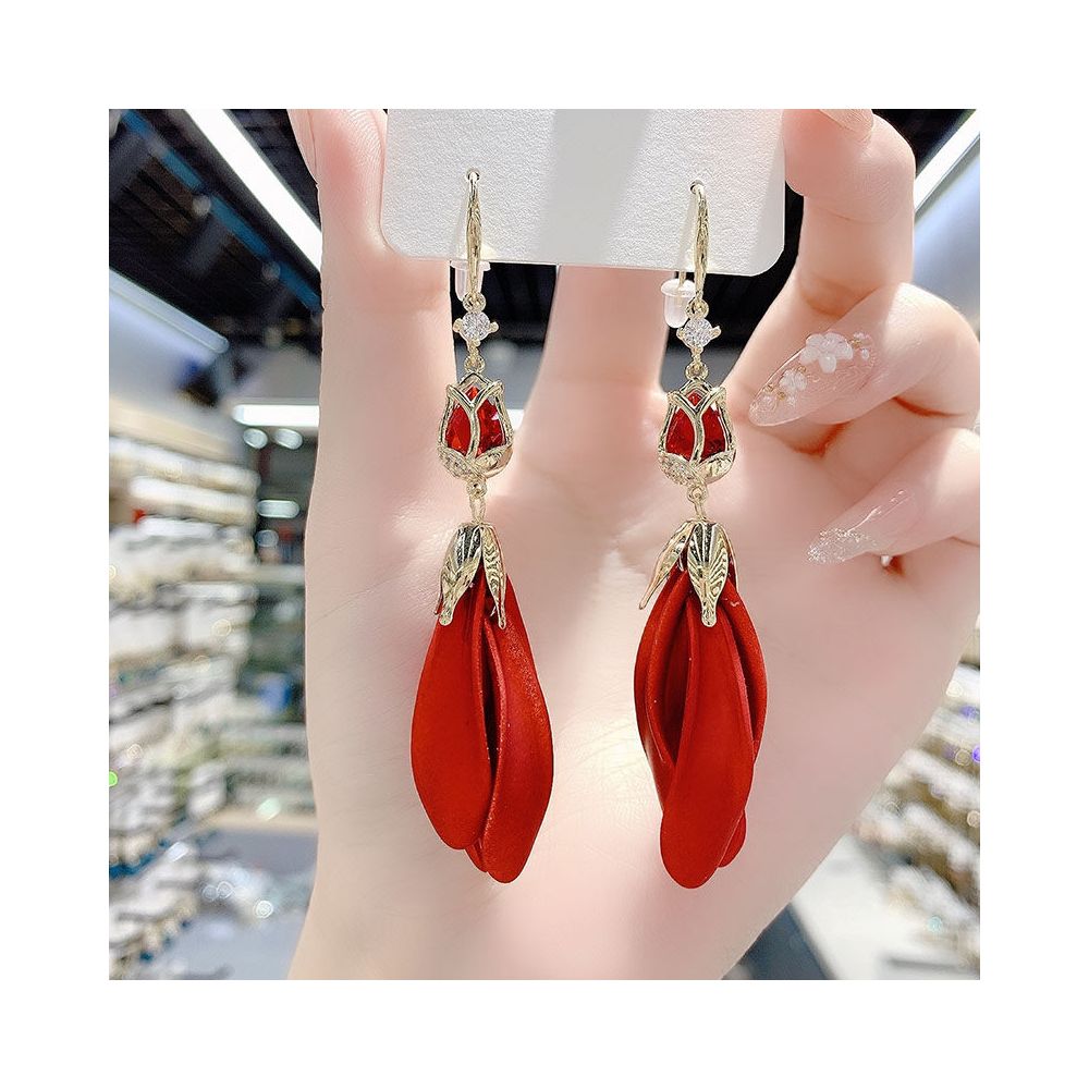 Purple tulip earrings Korean temperament long version super fairy petal tassel earrings internet famous high end earrings ear hooks earrings