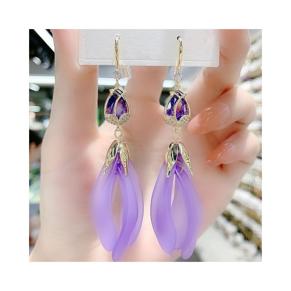 Purple tulip earrings Korean temperament long version super fairy petal tassel earrings internet famous high end earrings ear hooks earrings