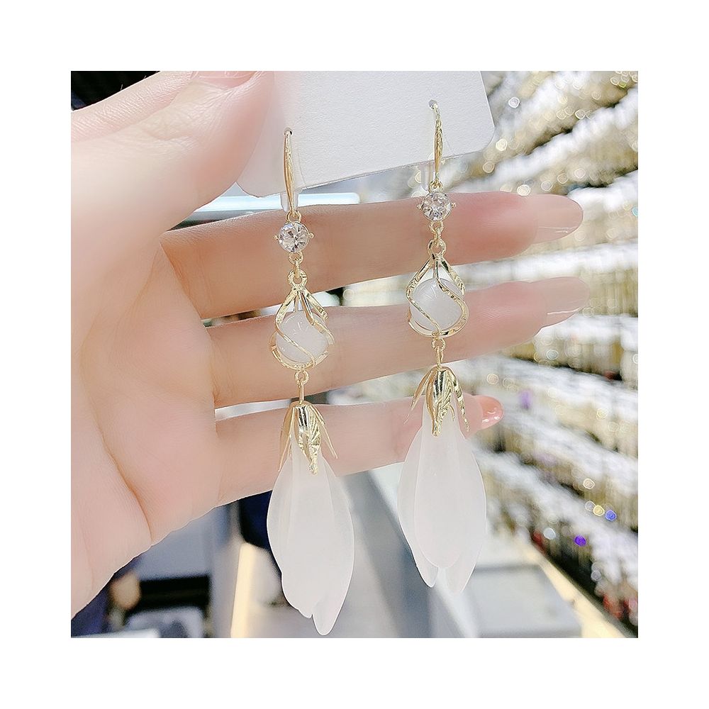 Cat s Eye Stone White Petal Earrings Super Fairy Korean Style Long Edition Tassel Earrings Design Sense Internet Red Face slimming Earrings image 2