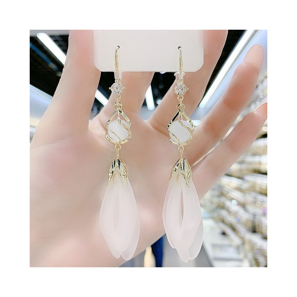 Cat s Eye Stone White Petal Earrings Super Fairy Korean Style Long Edition Tassel Earrings Design Sense Internet Red Face slimming Earrings image 4