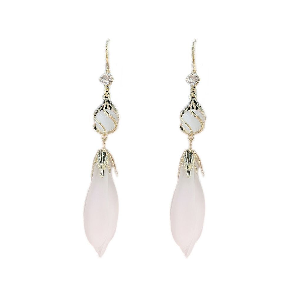 Cat s Eye Stone White Petal Earrings Super Fairy Korean Style Long Edition Tassel Earrings Design Sense Internet Red Face slimming Earrings image 5
