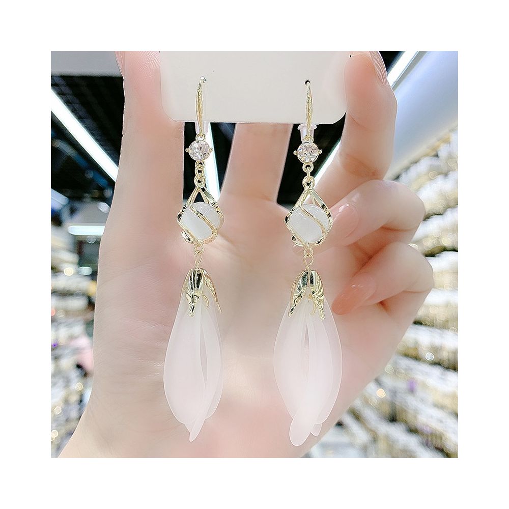 Cat s Eye Stone White Petal Earrings Super Fairy Korean Style Long Edition Tassel Earrings Design Sense Internet Red Face slimming Earrings image 0
