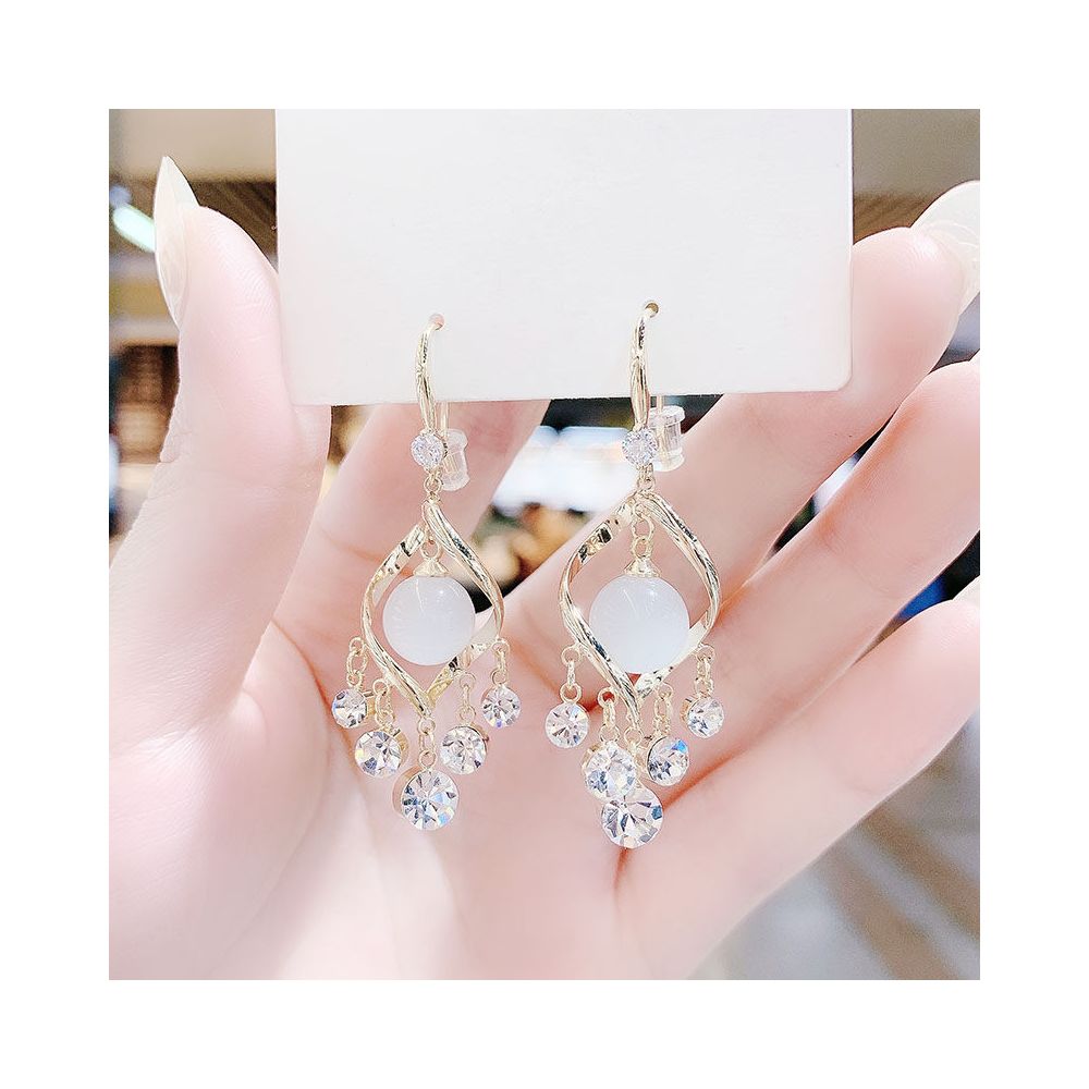 Cat s Eye Stone Earrings 2025 New Trendy Korean Style Super Flash Spiral Water Diamond Tassel Eardrops Hook Earrings for Women image 0