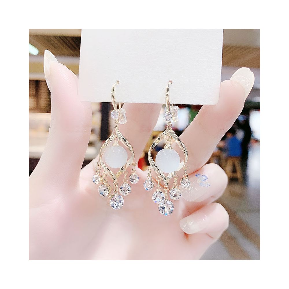 Cat s Eye Stone Earrings 2025 New Trendy Korean Style Super Flash Spiral Water Diamond Tassel Eardrops Hook Earrings for Women image 2