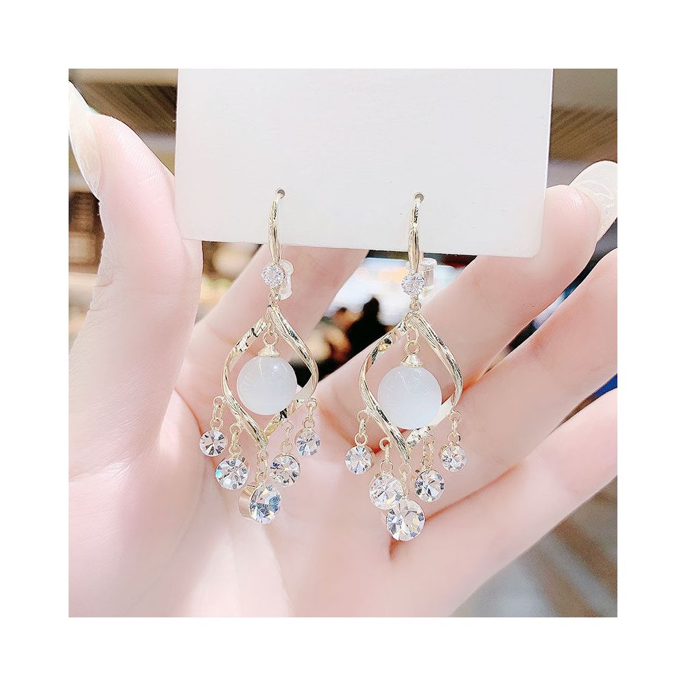 Cat s Eye Stone Earrings 2025 New Trendy Korean Style Super Flash Spiral Water Diamond Tassel Eardrops Hook Earrings for Women image 4