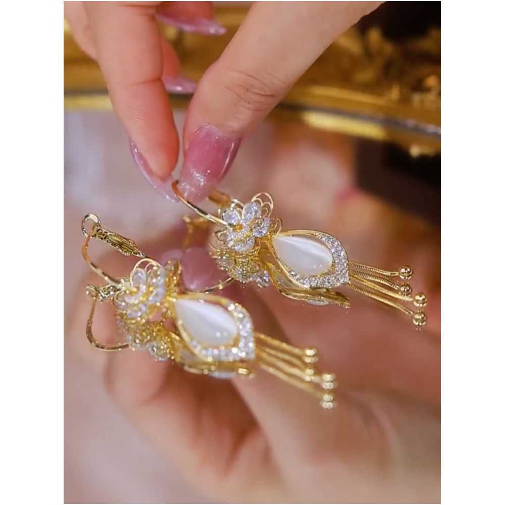 Zircon flower long tassel ball earrings for women long cat s eye stone design trendy and versatile new style image 2
