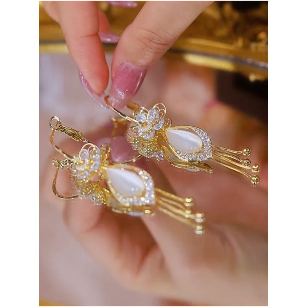 Zircon flower long tassel ball earrings for women long cat s eye stone design trendy and versatile new style image 0