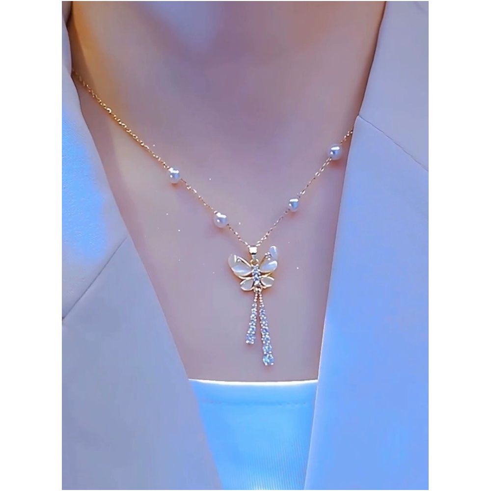 Super Immortal Pearl Butterfly Cat Eye Stone Tassel Necklace for Women 2024 New Style Trendy Luxury Clavicle Chain Internet Celebrity Neck Chain image 0