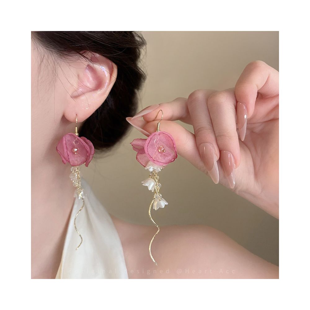 Pink chiffon flower tassel earrings for women French vacation style long edition earrings unique design exaggerated earrings image 1