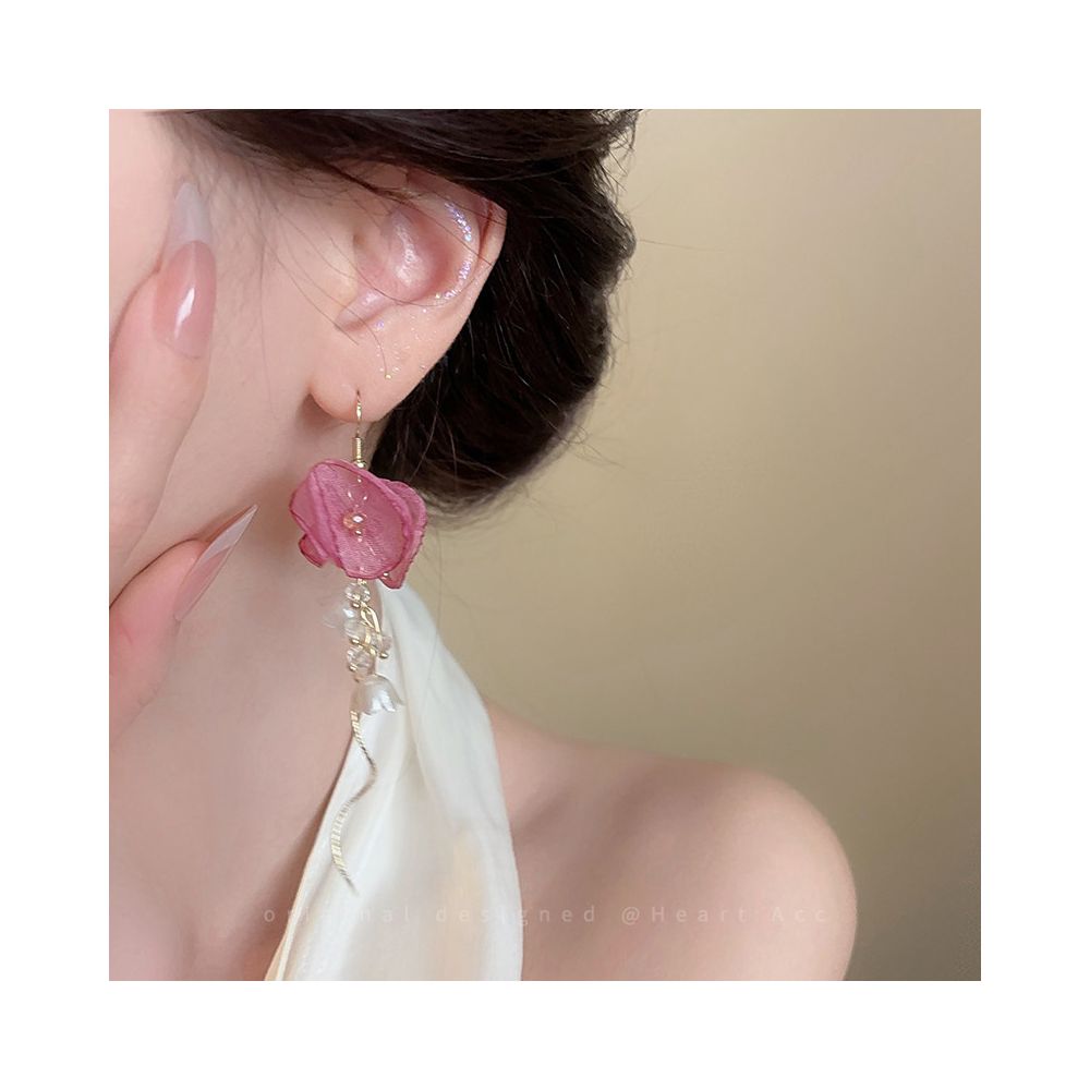 Pink chiffon flower tassel earrings for women French vacation style long edition earrings unique design exaggerated earrings image 3