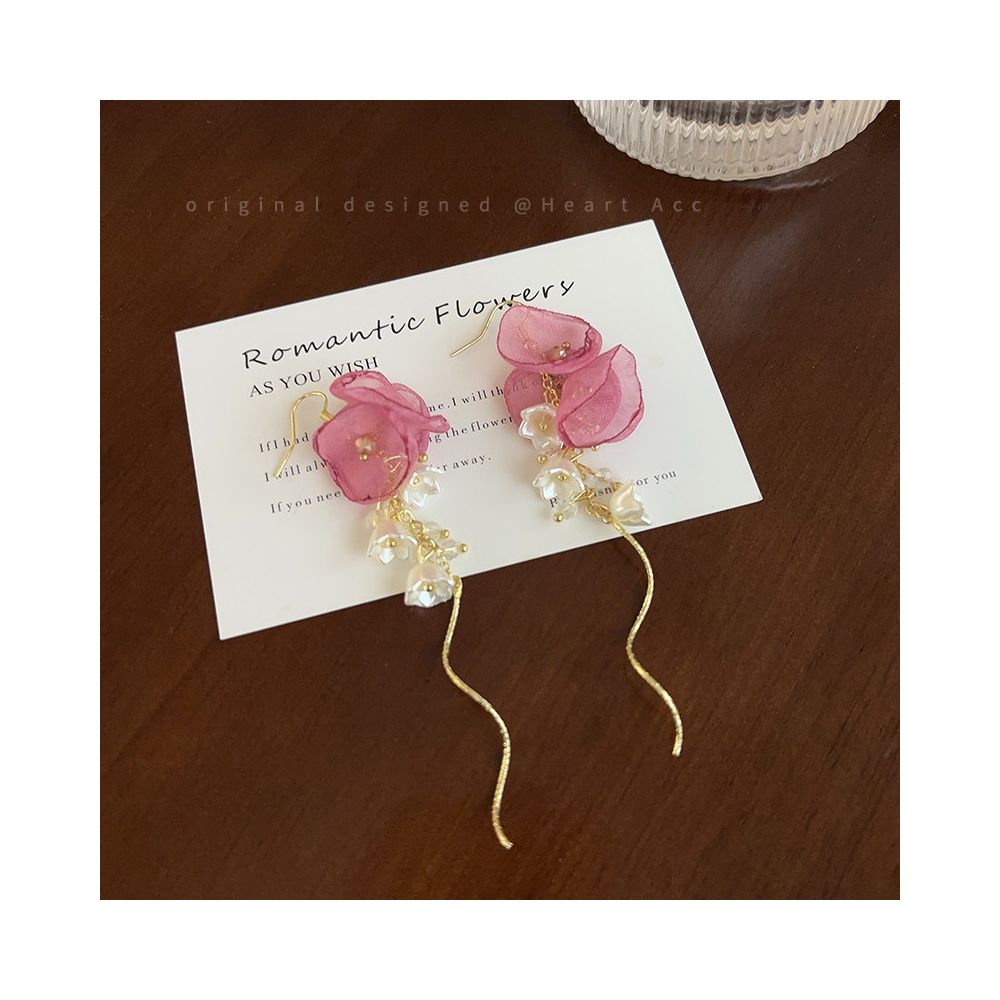 Pink chiffon flower tassel earrings for women French vacation style long edition earrings unique design exaggerated earrings