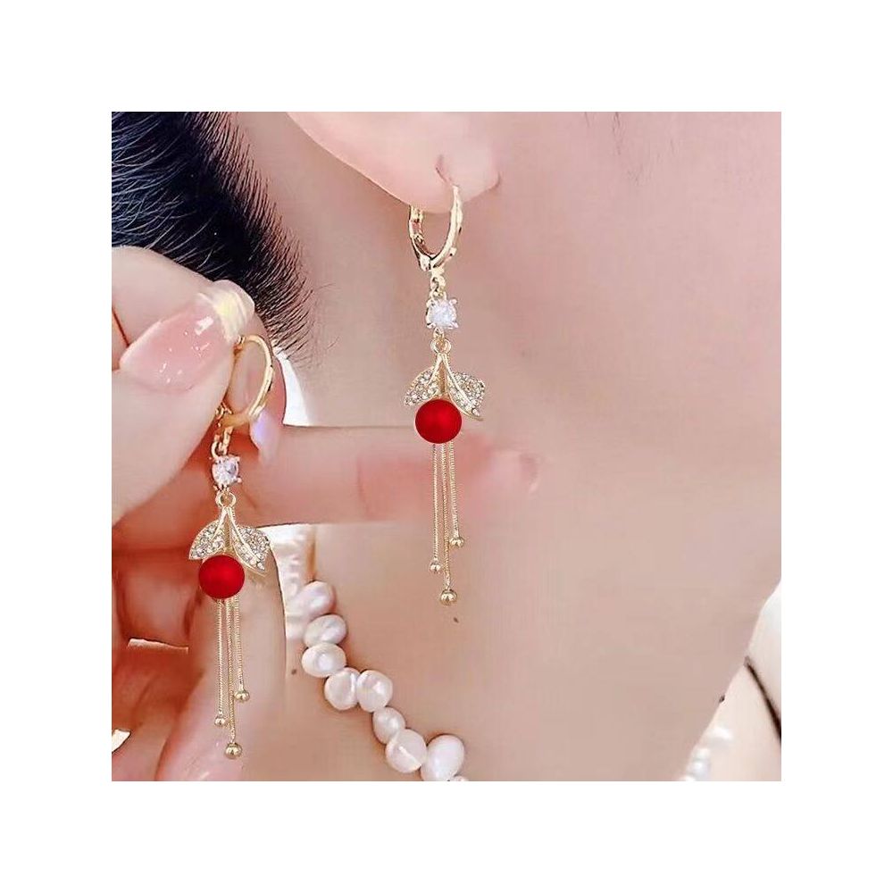 New earrings high end design red new long tassel earrings pearl beads leaf earrings buckle temperament earrings image 2