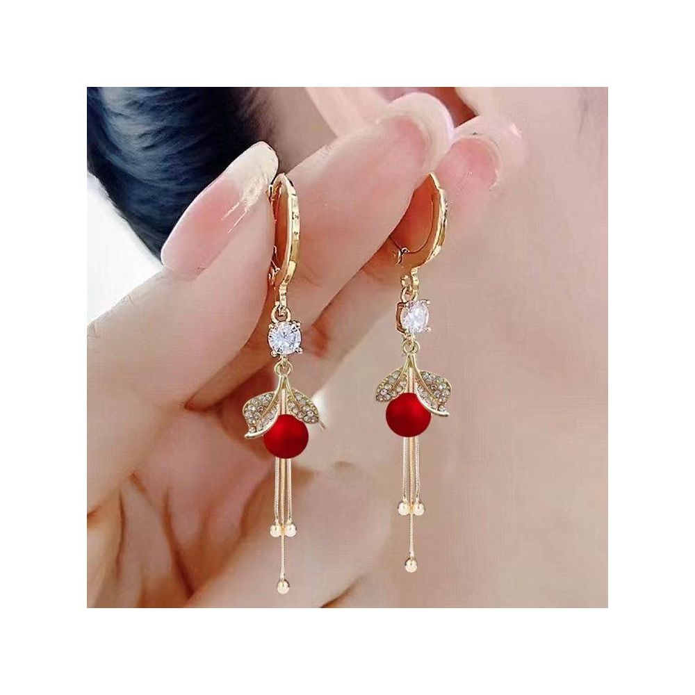 New earrings high end design red new long tassel earrings pearl beads leaf earrings buckle temperament earrings