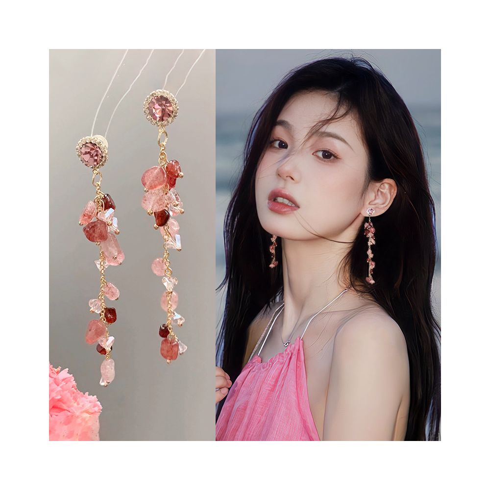 Pink gravel ear clip without ear hole women s new tassel earrings long version earrings seaside vacation style earrings earrings image 0