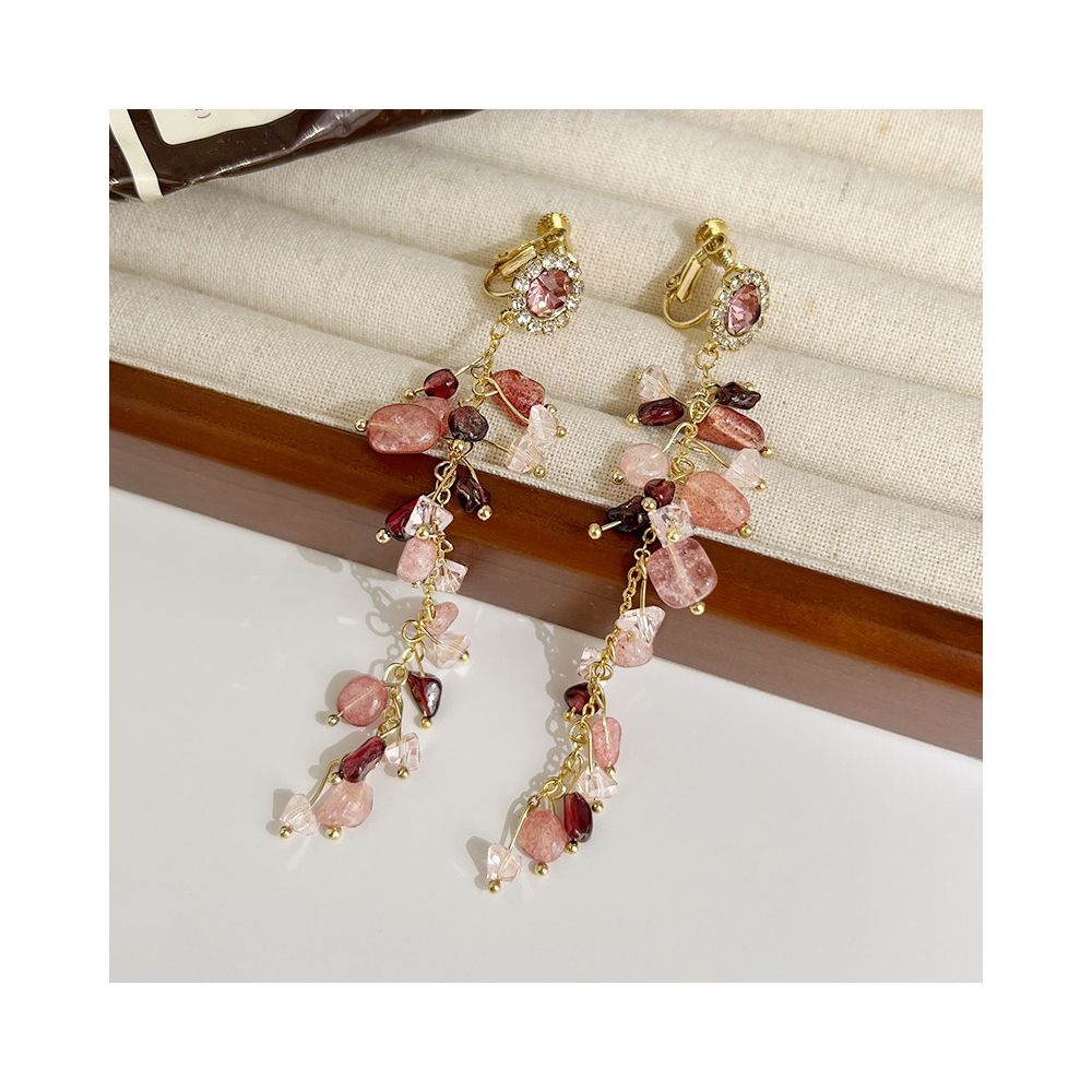 Pink gravel ear clip without ear hole women s new tassel earrings long version earrings seaside vacation style earrings earrings
