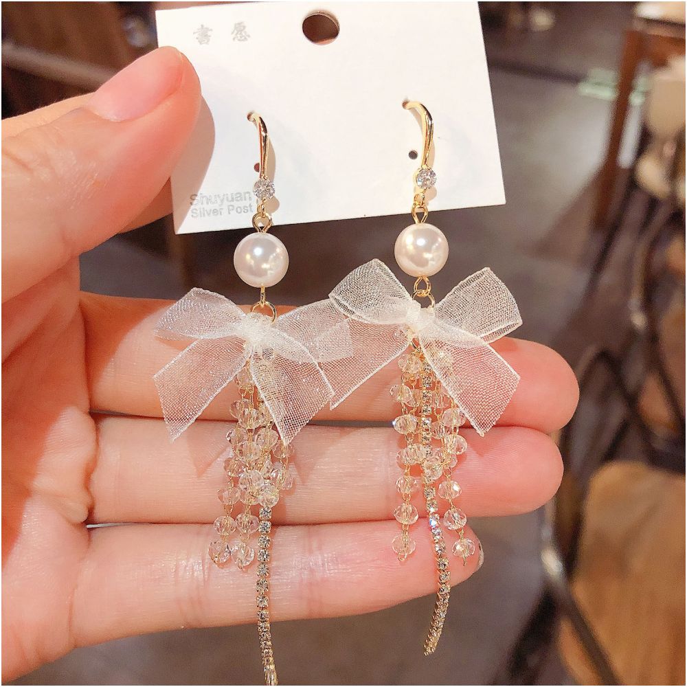 High end super fairy white bow crystal tassel ear hook earrings 2024 new trendy internet celebrity temperament earrings image 0