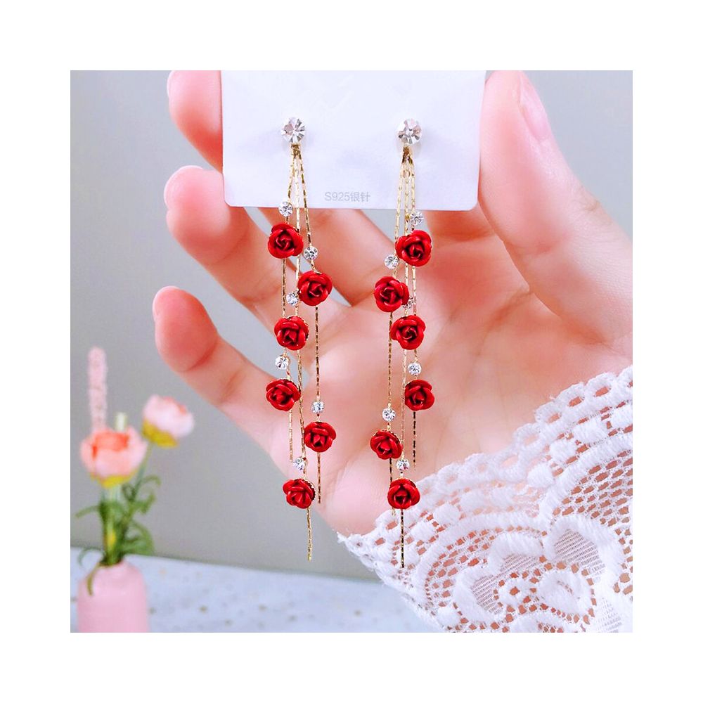 925 silver needle Japanese and Korean earrings long style tassel earrings for women with a high end feel rose earrings internet famous earrings for women