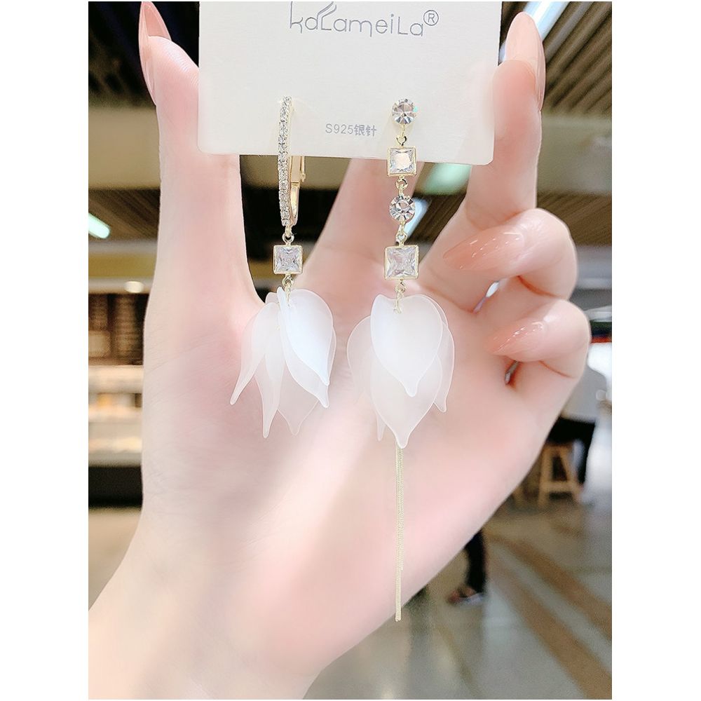 Asymmetric petal tassel earrings for women with super fairy temperament long style with diamond inlaid AB flower earrings Korean internet celebrity earrings image 0