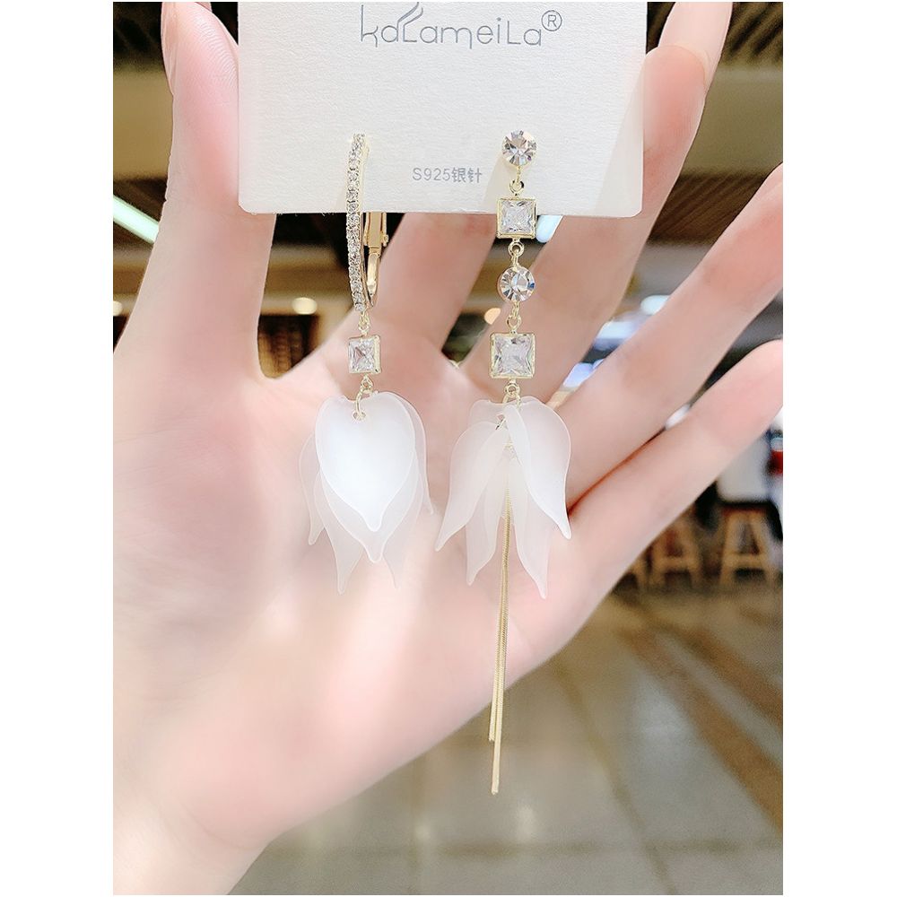 Asymmetric petal tassel earrings for women with super fairy temperament long style with diamond inlaid AB flower earrings Korean internet celebrity earrings image 2