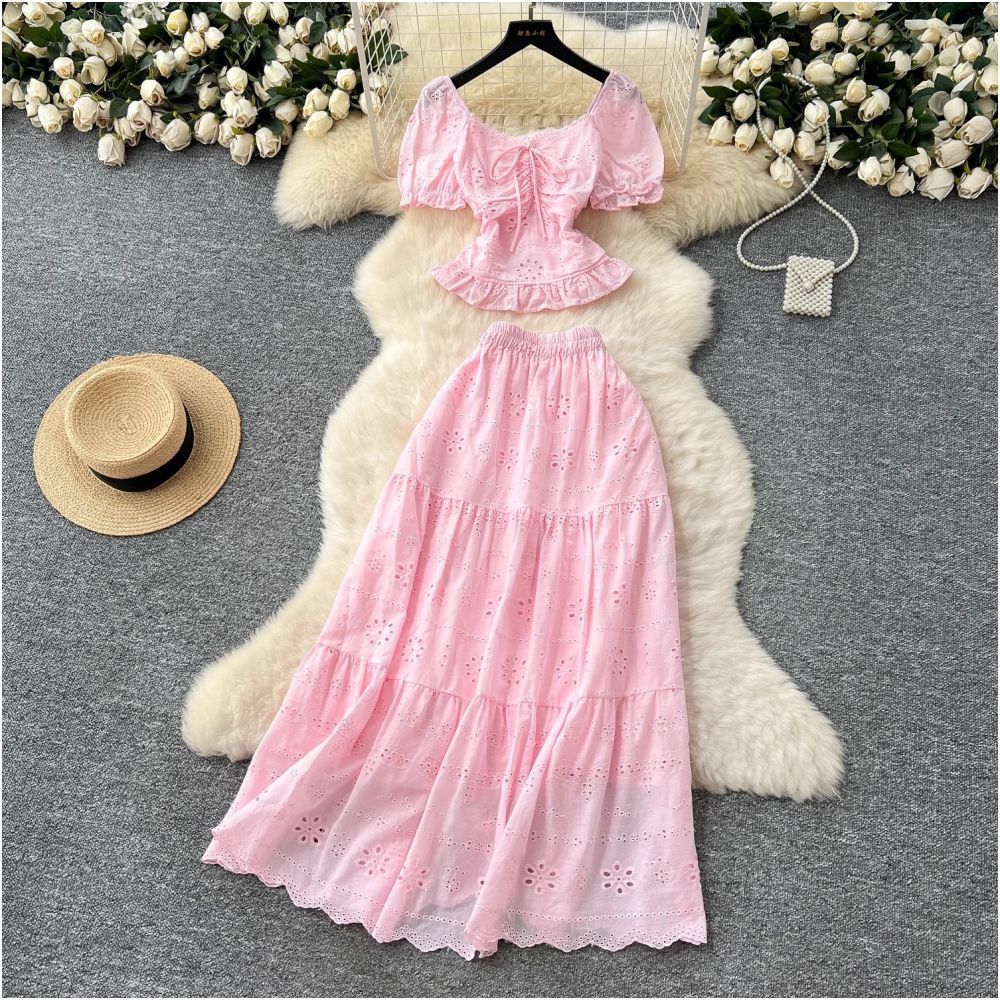 French style women s outfit fitted waist square neck puff sleeve blouse and high waisted hollowed out embroidered skirt vacation style set image 0