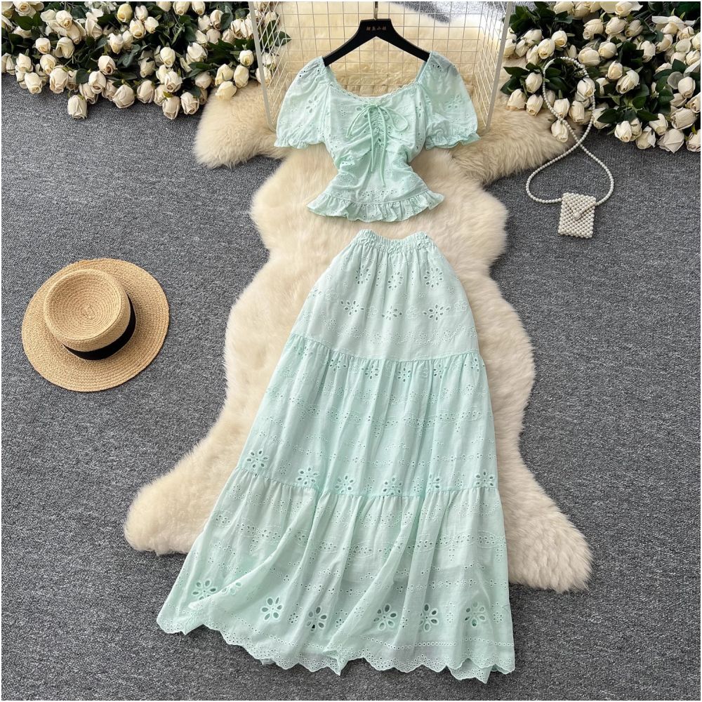 French style women s outfit fitted waist square neck puff sleeve blouse and high waisted hollowed out embroidered skirt vacation style set image 1