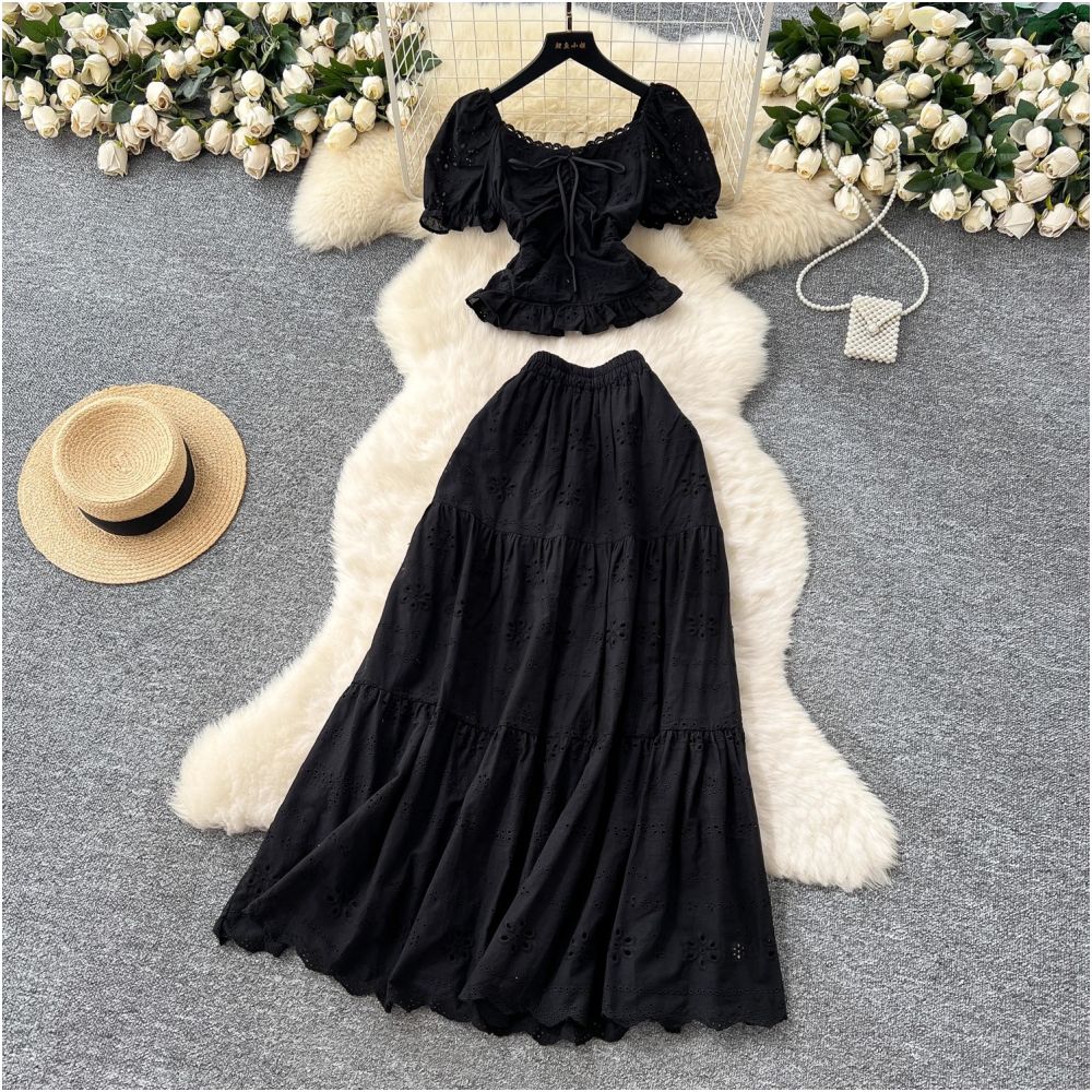French style women s outfit fitted waist square neck puff sleeve blouse and high waisted hollowed out embroidered skirt vacation style set image 4
